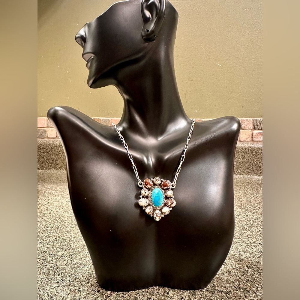 Genuine Turquoise and Wildhorse gemstone cluster necklace 925 sterling silver